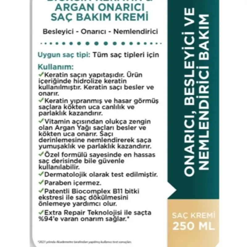 Bioxcin Keratin Argan Onarıcı Saç Bakım Kremi 250 Ml