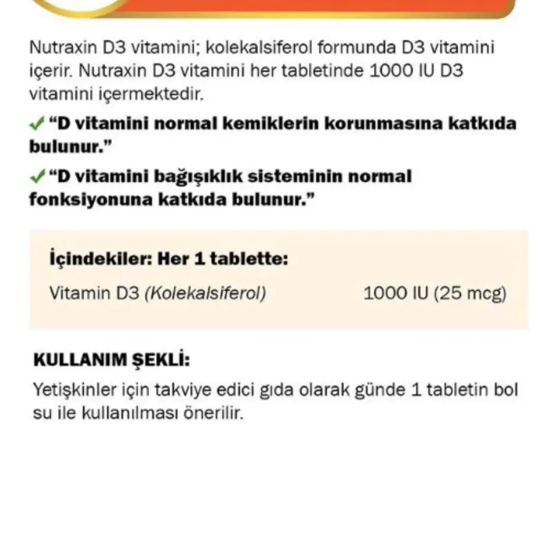 Nutraxin Vitals D3 Vitamin 1000 Iu 25 Mcg 120 Tablet Takviye edici gıda